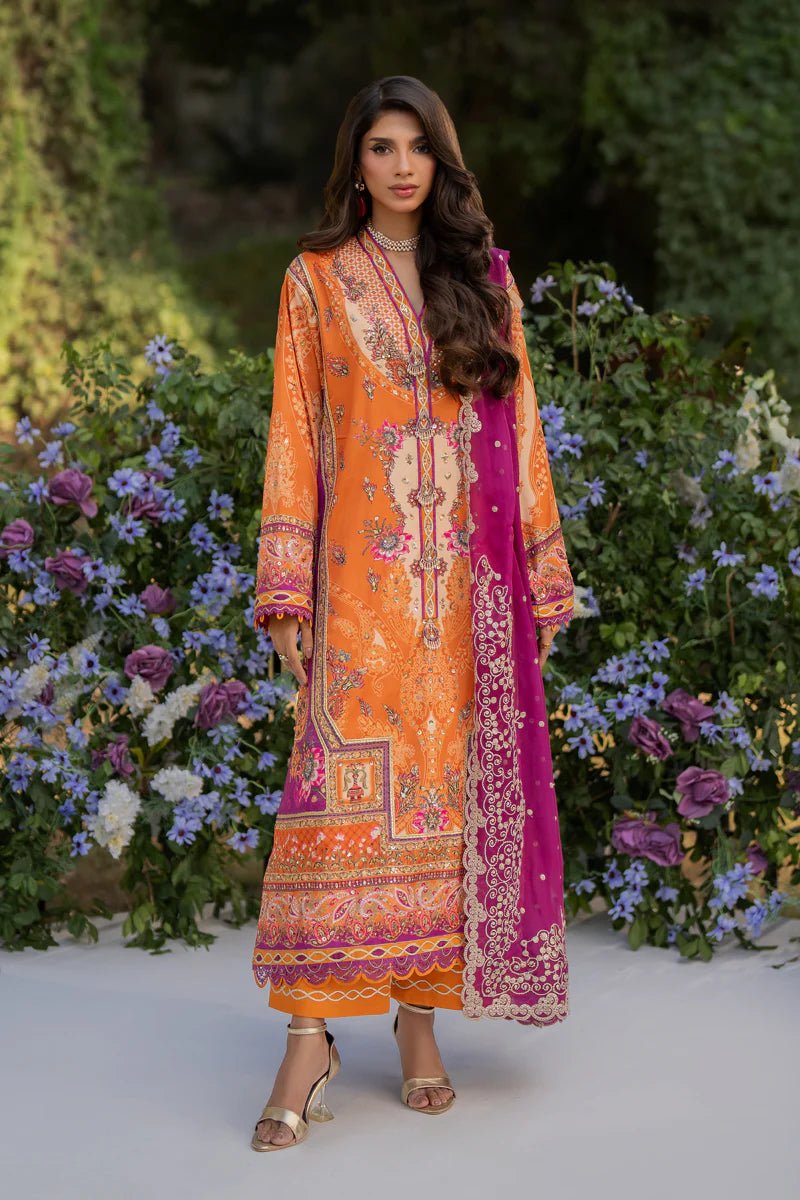 Model wearing UA - 03 ALMA from Qalamkar's Luxe Silk '24 collection, featuring a luxurious design. Pakistani clothes online in UK.