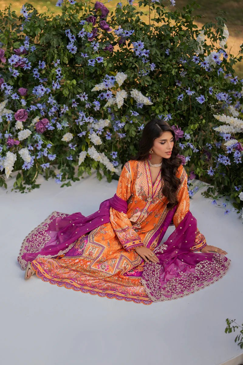 Model wearing UA - 03 ALMA from Qalamkar's Luxe Silk '24 collection, featuring a luxurious design. Pakistani clothes online in UK.