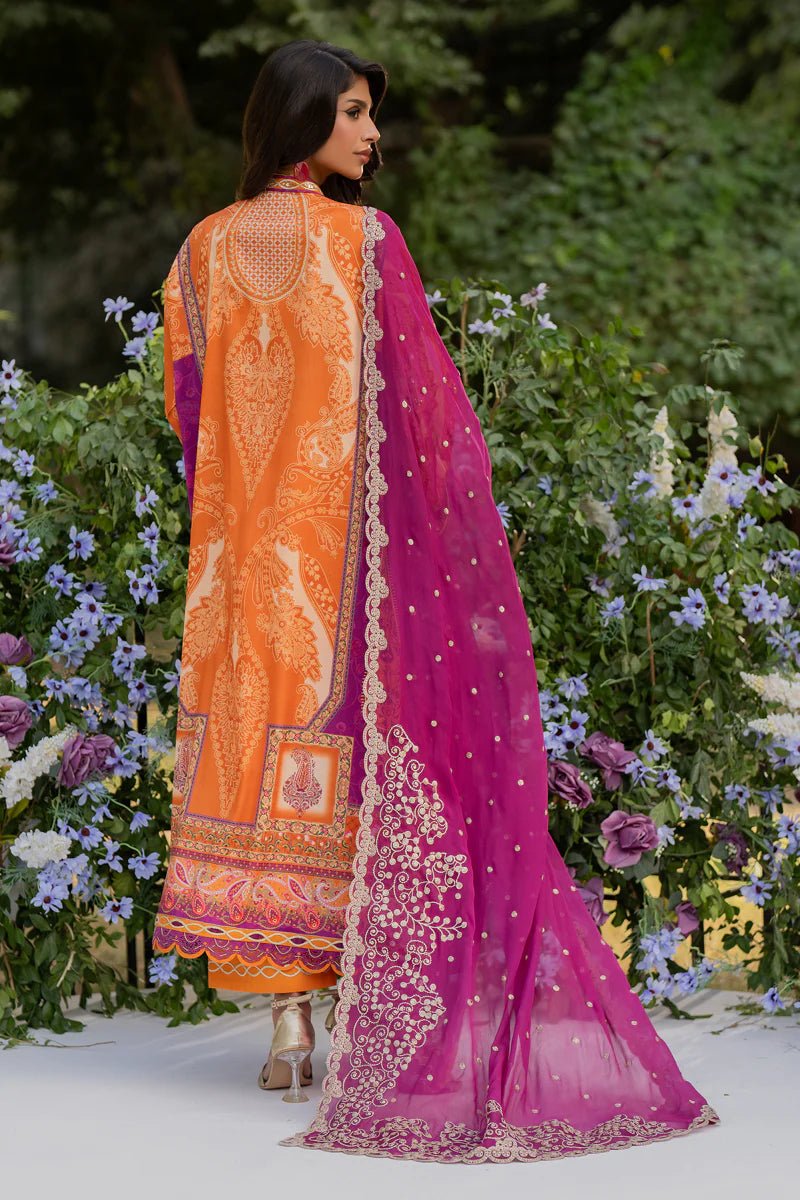 Model wearing UA - 03 ALMA from Qalamkar's Luxe Silk '24 collection, featuring a luxurious design. Pakistani clothes online in UK.