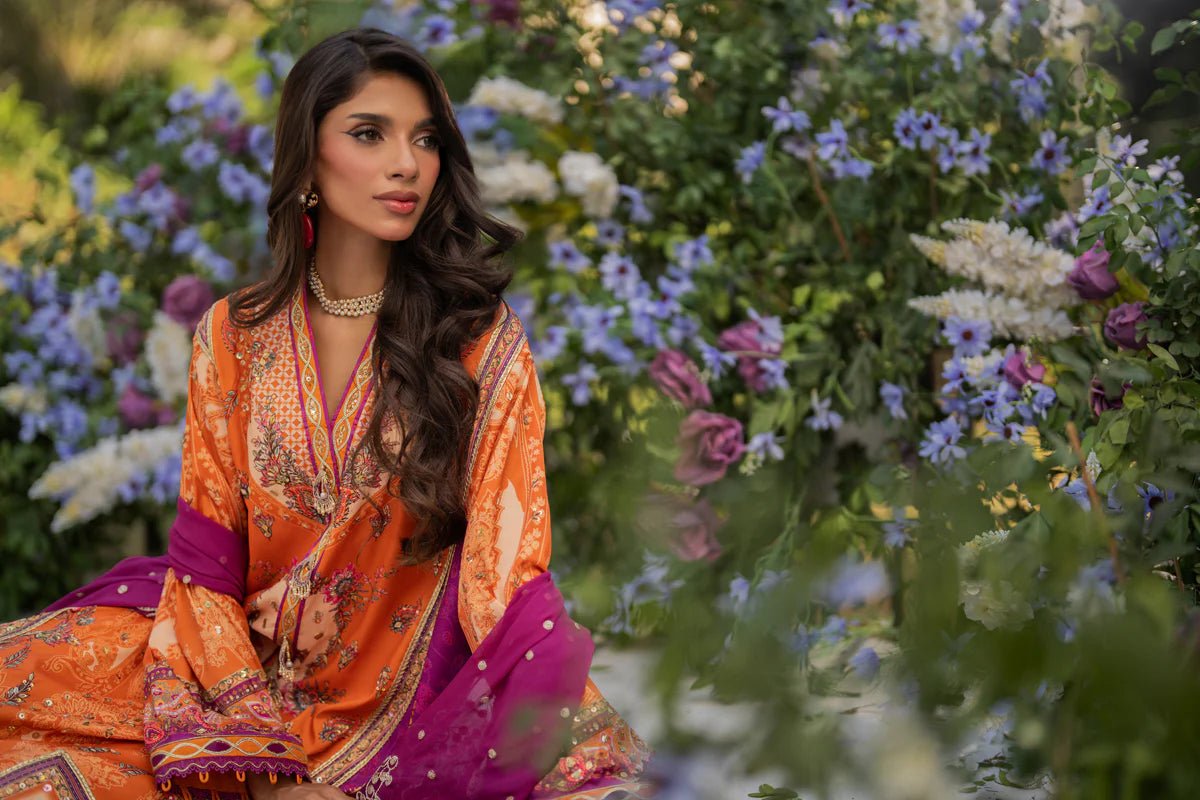 Model wearing UA - 03 ALMA from Qalamkar's Luxe Silk '24 collection, featuring a luxurious design. Pakistani clothes online in UK.