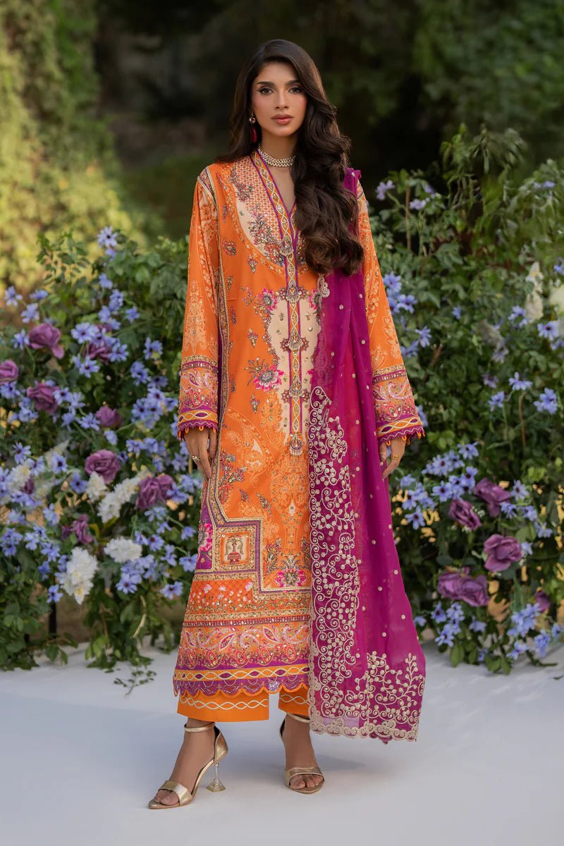 Model wearing UA - 03 ALMA from Qalamkar's Luxe Silk '24 collection, featuring a luxurious design. Pakistani clothes online in UK.