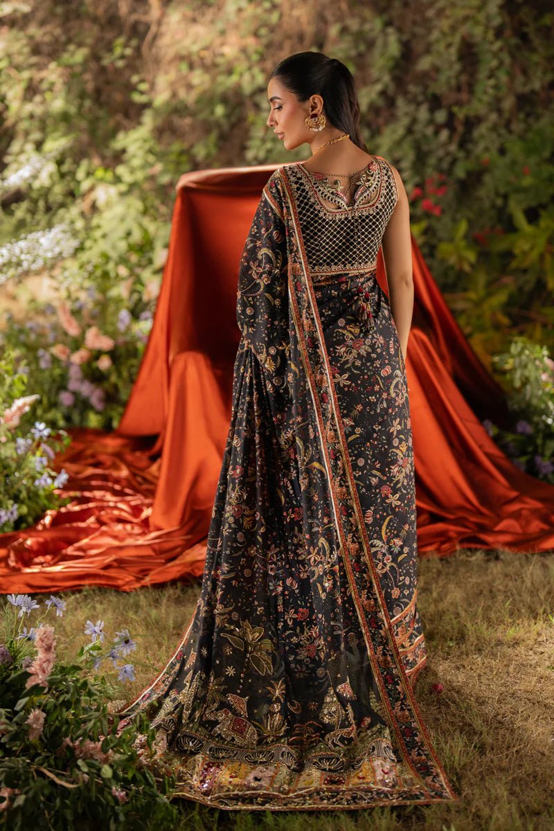 Model wearing UA - 04 AVA from Qalamkar's Luxe Silk '24, featuring luxurious silk fabric. Pakistani clothes online in UK.