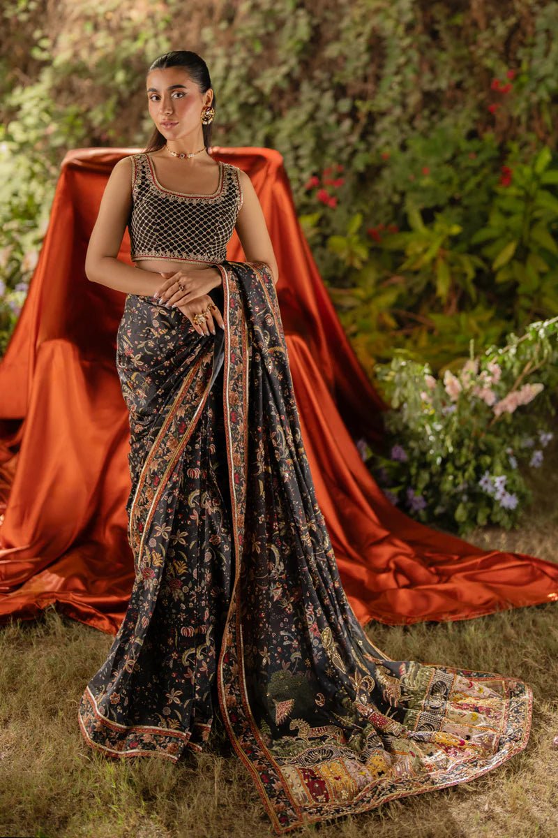 Model wearing UA - 04 AVA from Qalamkar's Luxe Silk '24, featuring luxurious silk fabric. Pakistani clothes online in UK.