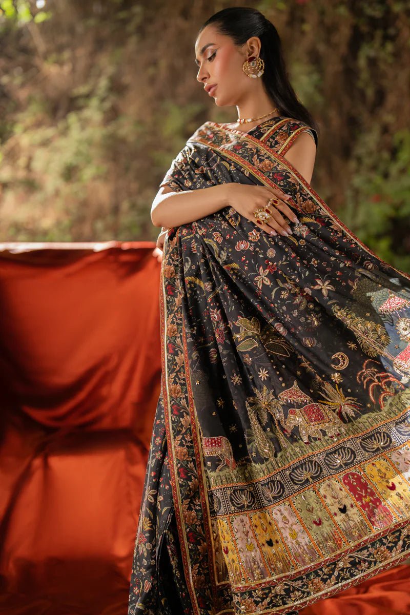 Model wearing UA - 04 AVA from Qalamkar's Luxe Silk '24, featuring luxurious silk fabric. Pakistani clothes online in UK.