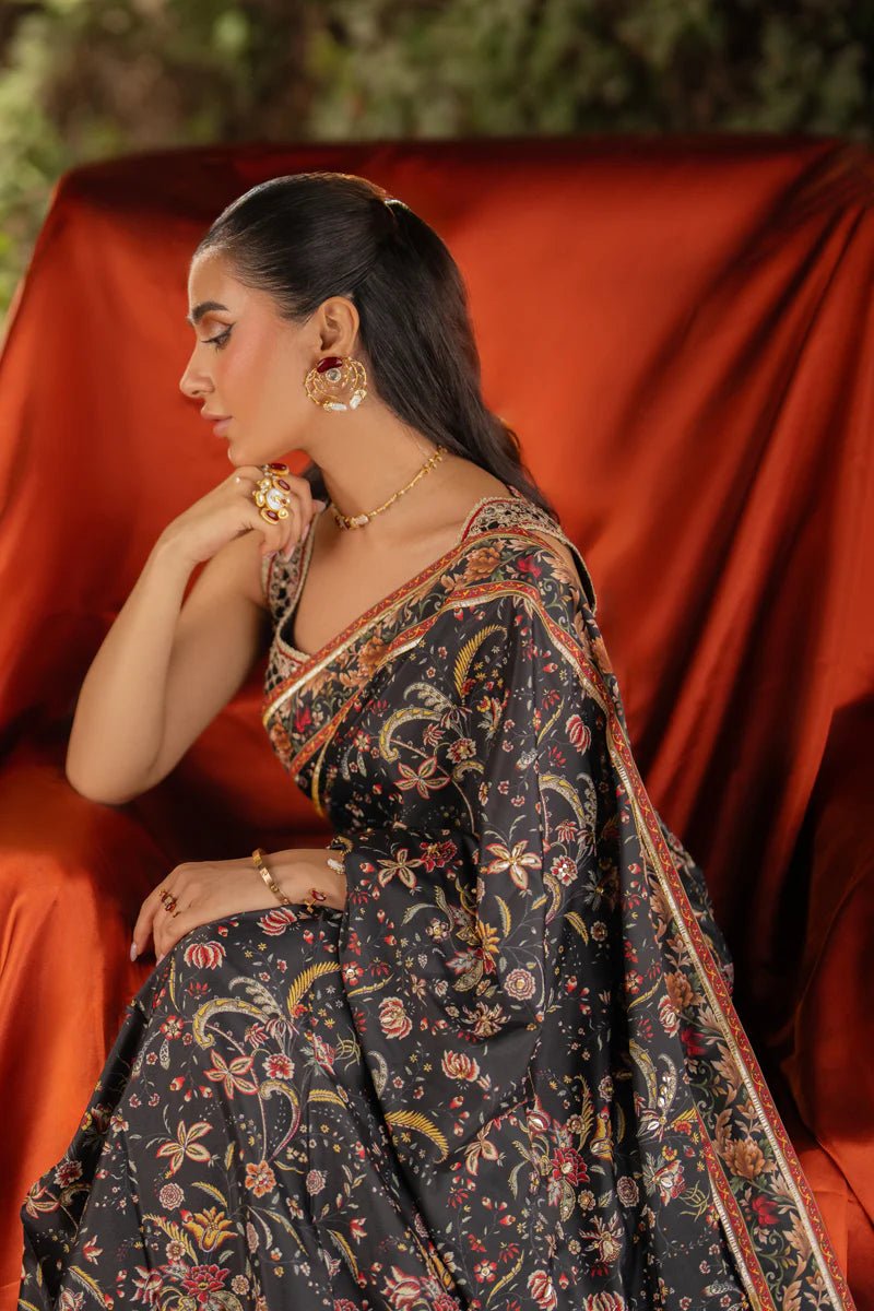 Model wearing UA - 04 AVA from Qalamkar's Luxe Silk '24, featuring luxurious silk fabric. Pakistani clothes online in UK.