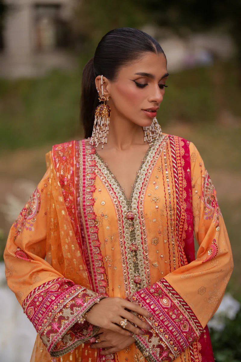 Model wearing UA - 05 FIORE from Qalamkar's Luxe Silk '24, a luxurious and elegant design. Pakistani clothes online in UK.