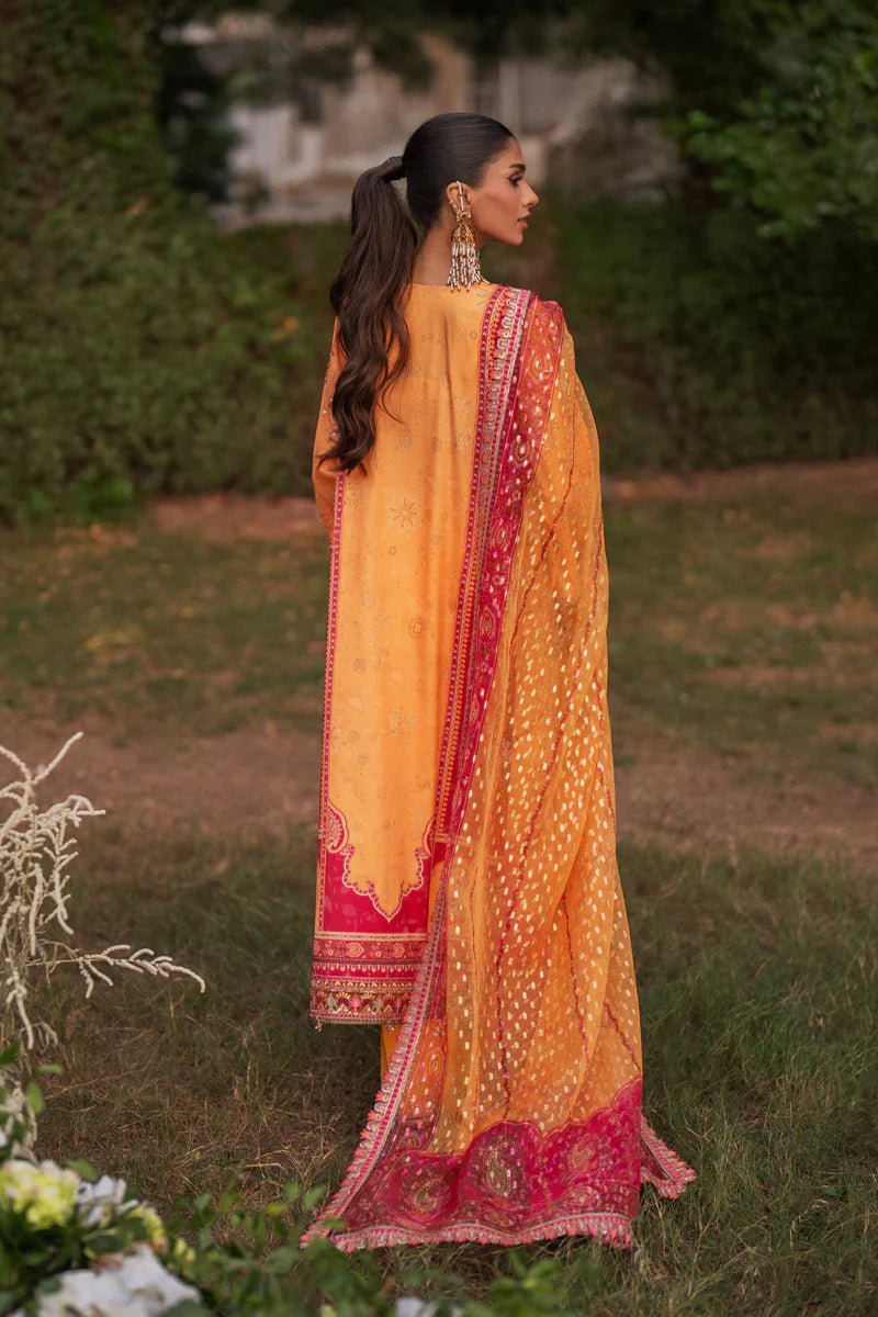 Model wearing UA - 05 FIORE from Qalamkar's Luxe Silk '24, a luxurious and elegant design. Pakistani clothes online in UK.