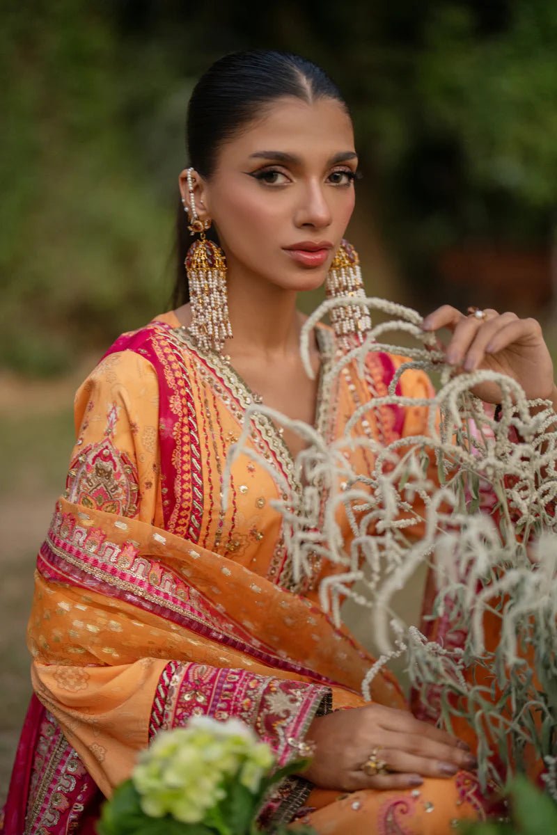 Model wearing UA - 05 FIORE from Qalamkar's Luxe Silk '24, a luxurious and elegant design. Pakistani clothes online in UK.