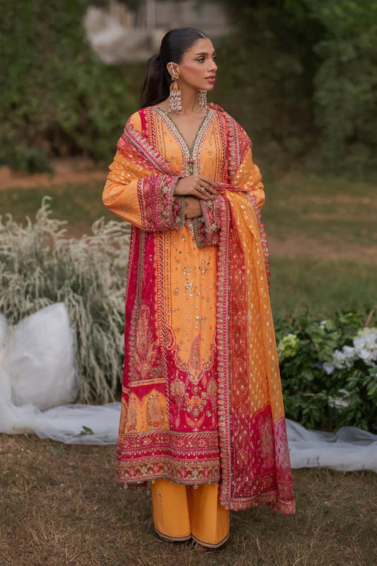 Model wearing UA - 05 FIORE from Qalamkar's Luxe Silk '24, a luxurious and elegant design. Pakistani clothes online in UK.