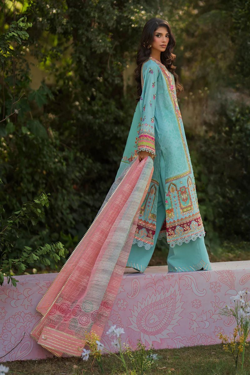 Model wearing UA - 06 SARA from Qalamkar's Luxe Silk '24, featuring luxurious silk design. Pakistani clothes online in UK.