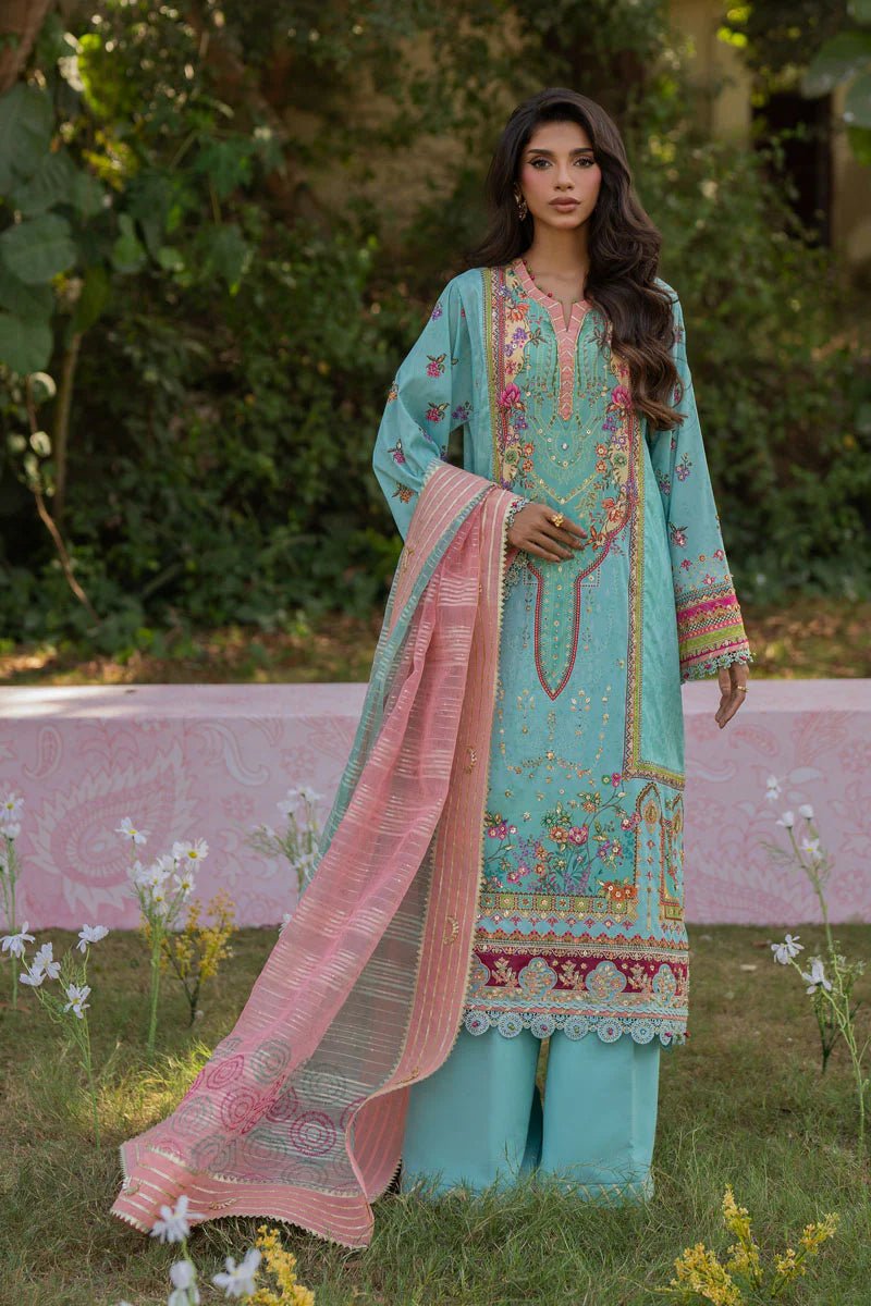 Model wearing UA - 06 SARA from Qalamkar's Luxe Silk '24, featuring luxurious silk design. Pakistani clothes online in UK.