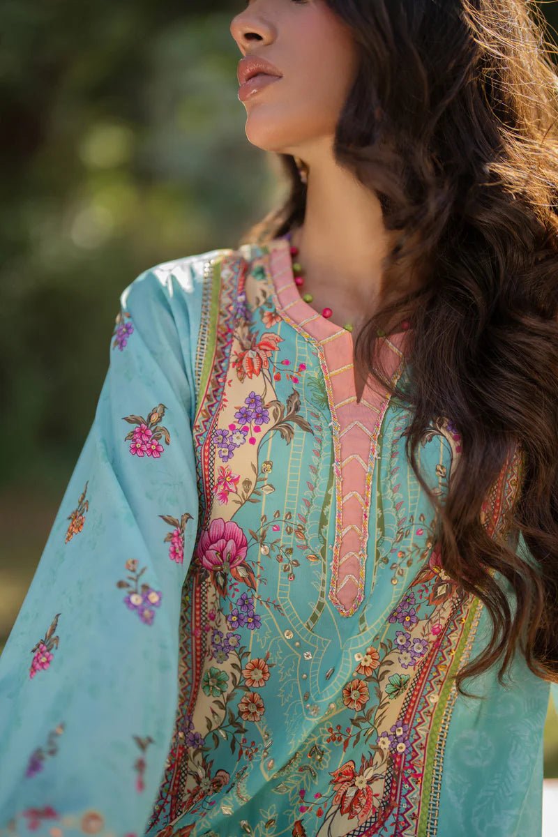 Model wearing UA - 06 SARA from Qalamkar's Luxe Silk '24, featuring luxurious silk design. Pakistani clothes online in UK.