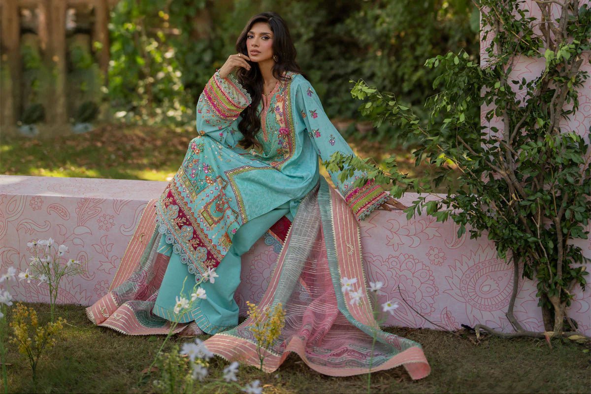 Model wearing UA - 06 SARA from Qalamkar's Luxe Silk '24, featuring luxurious silk design. Pakistani clothes online in UK.