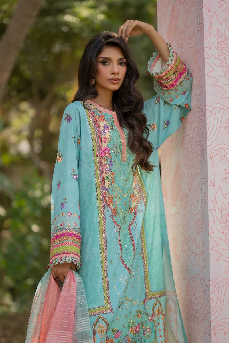 Model wearing UA - 06 SARA from Qalamkar's Luxe Silk '24, featuring luxurious silk design. Pakistani clothes online in UK.