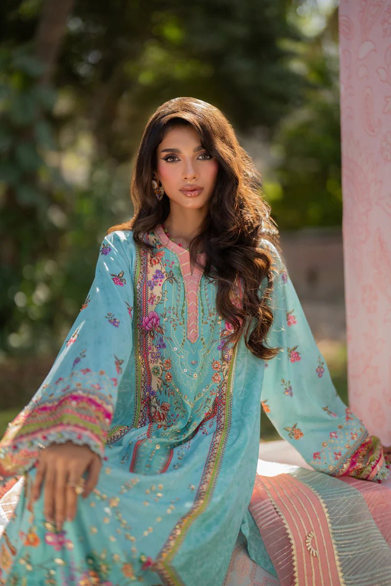 Model wearing UA - 06 SARA from Qalamkar's Luxe Silk '24, featuring luxurious silk design. Pakistani clothes online in UK.