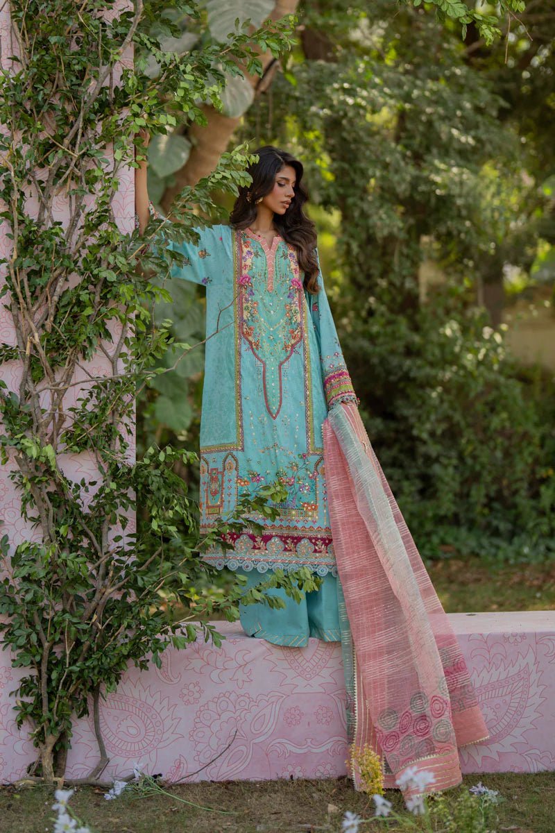 Model wearing UA - 06 SARA from Qalamkar's Luxe Silk '24, featuring luxurious silk design. Pakistani clothes online in UK.