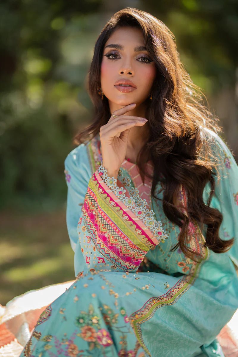 Model wearing UA - 06 SARA from Qalamkar's Luxe Silk '24, featuring luxurious silk design. Pakistani clothes online in UK.