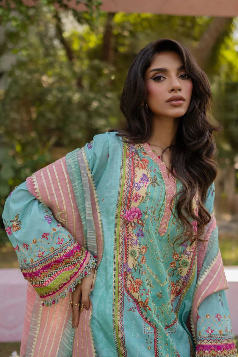 Model wearing UA - 06 SARA from Qalamkar's Luxe Silk '24, featuring luxurious silk design. Pakistani clothes online in UK.