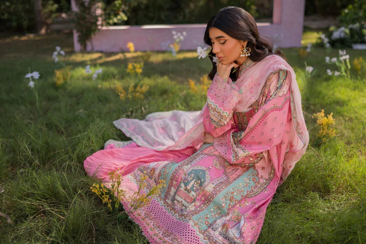 Model wearing UA - 07 Tessa from Qalamkar's Luxe Silk '24 collection, showcasing luxury pret design. Pakistani clothes online in UK.