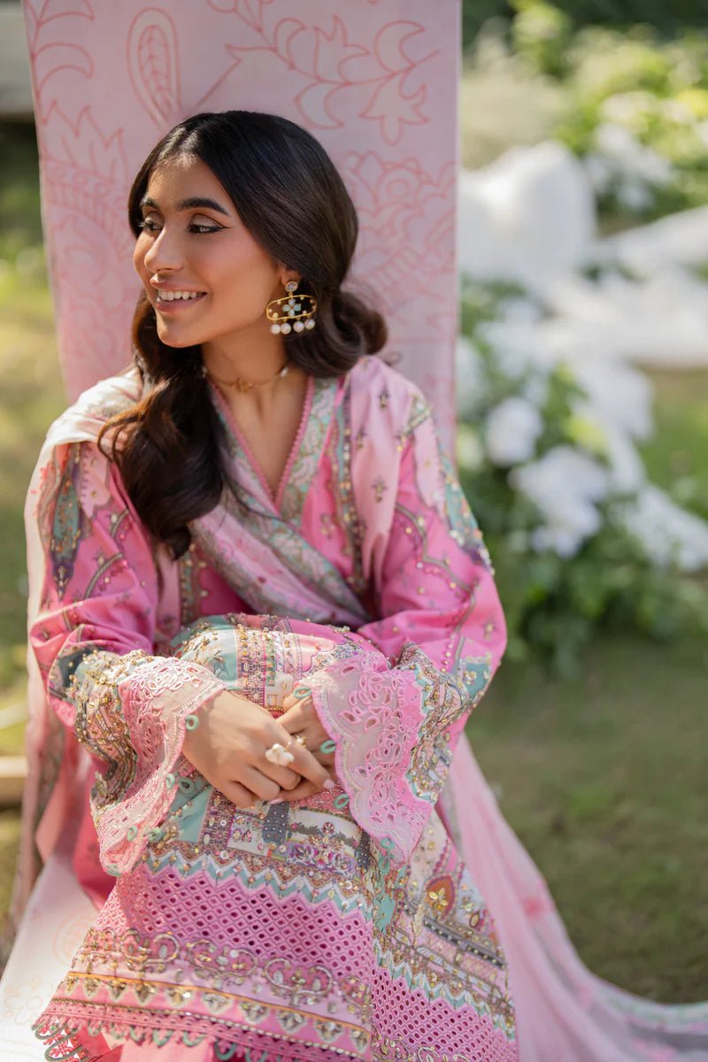 Model wearing UA - 07 Tessa from Qalamkar's Luxe Silk '24 collection, showcasing luxury pret design. Pakistani clothes online in UK.