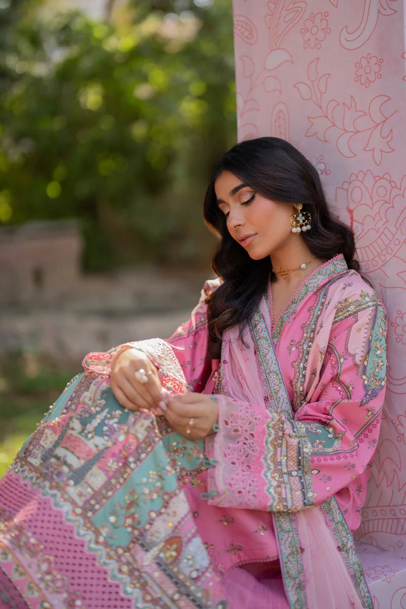 Model wearing UA - 07 Tessa from Qalamkar's Luxe Silk '24 collection, showcasing luxury pret design. Pakistani clothes online in UK.