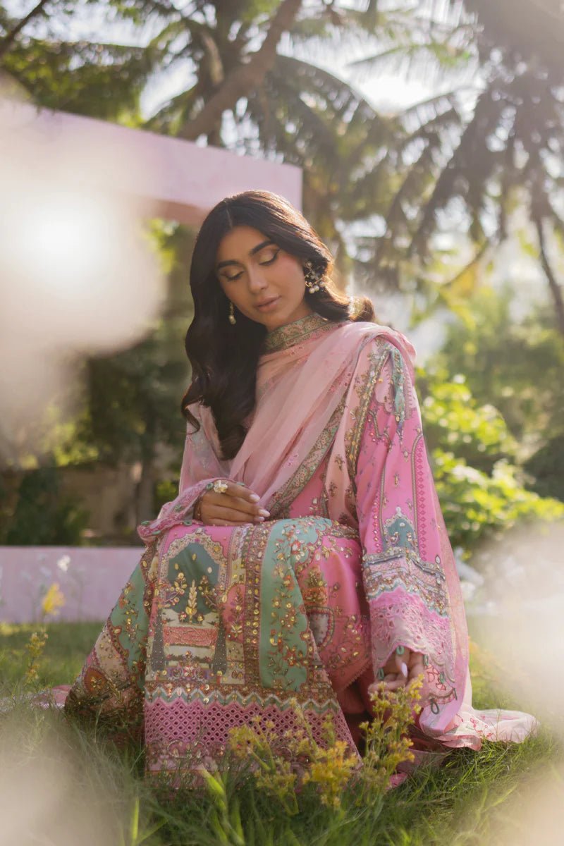 Model wearing UA - 07 Tessa from Qalamkar's Luxe Silk '24 collection, showcasing luxury pret design. Pakistani clothes online in UK.