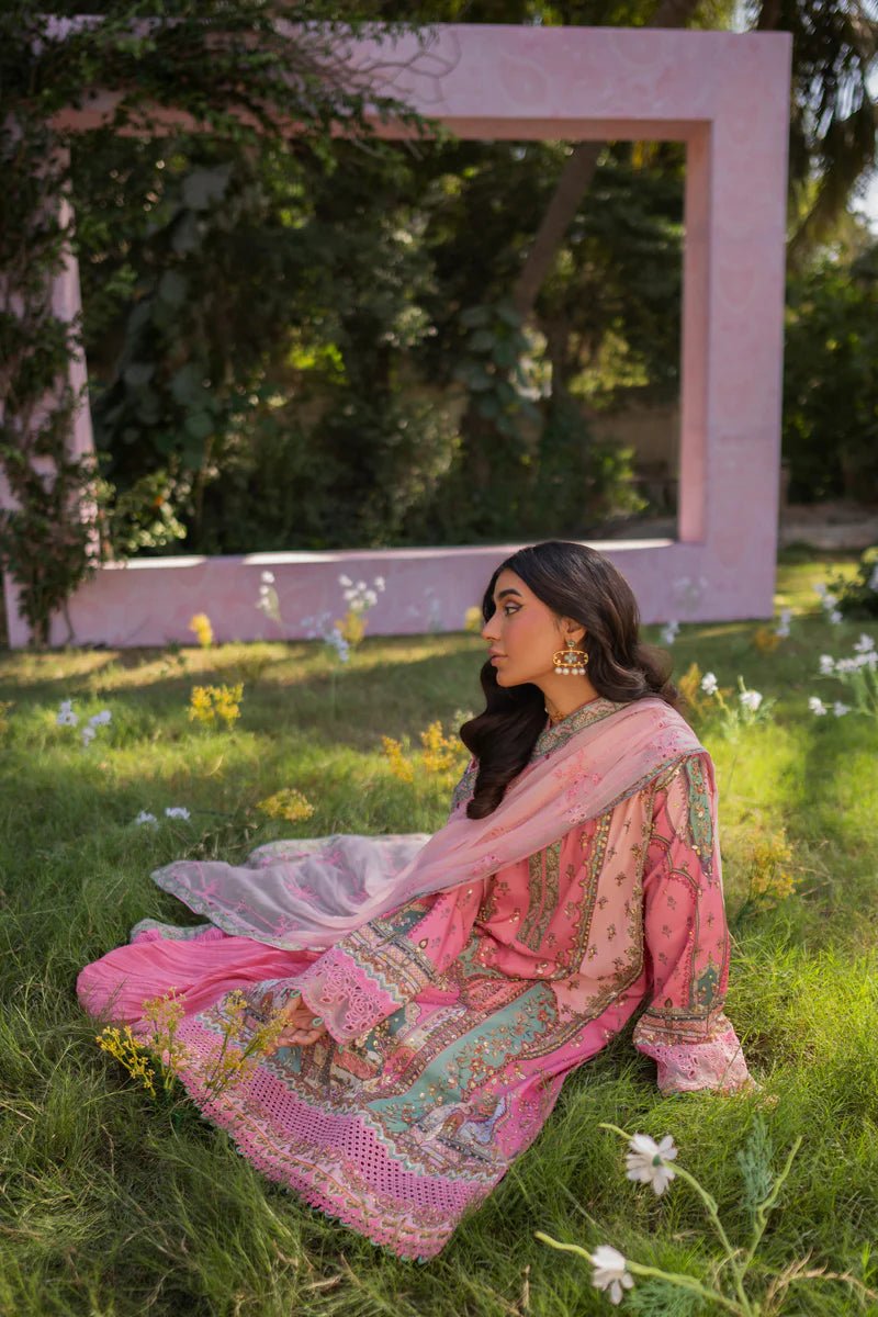 Model wearing UA - 07 Tessa from Qalamkar's Luxe Silk '24 collection, showcasing luxury pret design. Pakistani clothes online in UK.