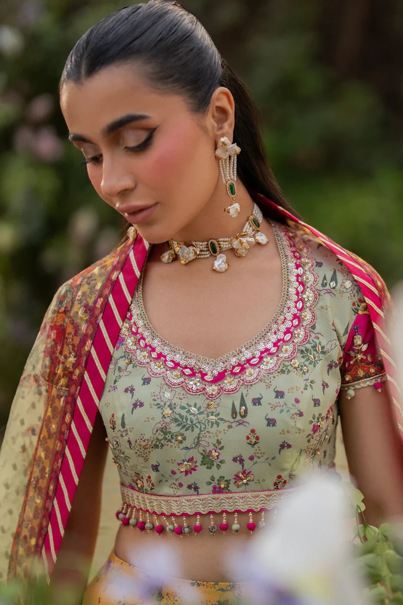 Model wearing UA - 08 LUNA from Qalamkar's Luxe Silk '24 collection, featuring luxurious silk fabric. Pakistani clothes online in UK.