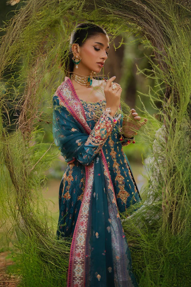 Model wearing UA - 09 TINA from Qalamkar's Luxe Silk '24, featuring a luxurious silk design. Pakistani clothes online in UK.