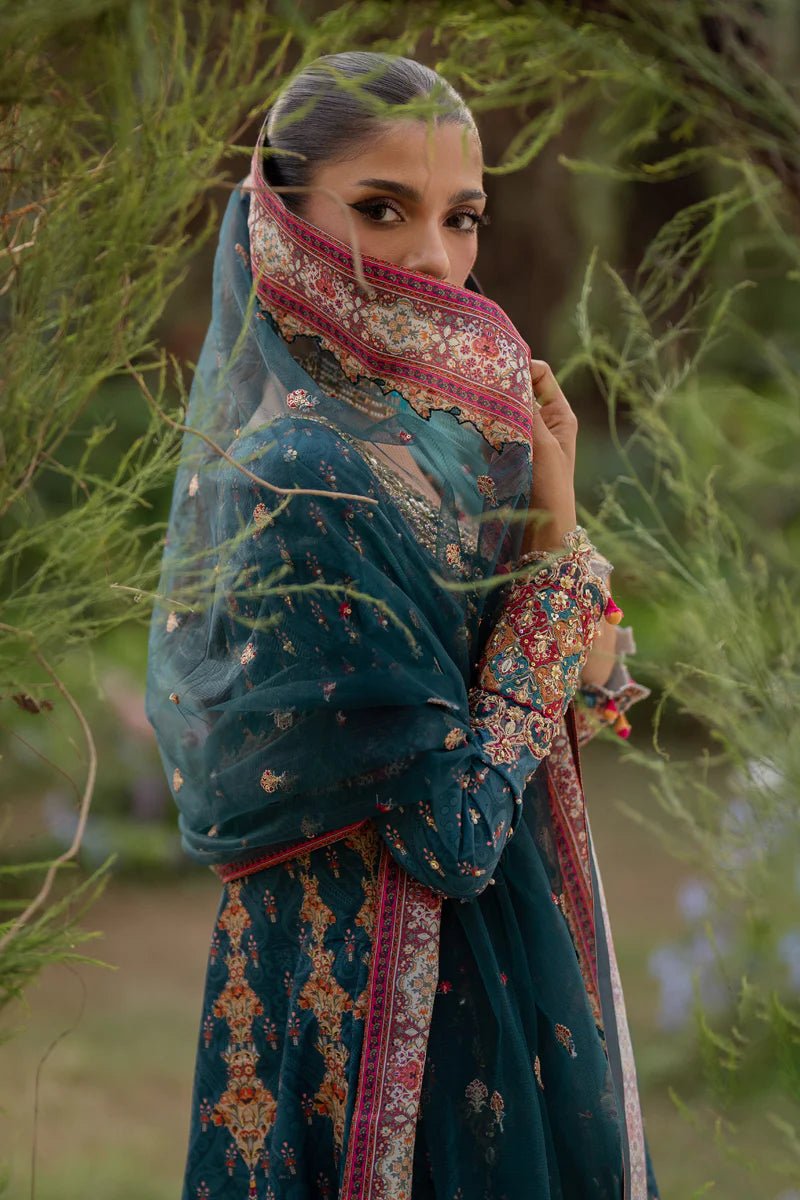 Model wearing UA - 09 TINA from Qalamkar's Luxe Silk '24, featuring a luxurious silk design. Pakistani clothes online in UK.