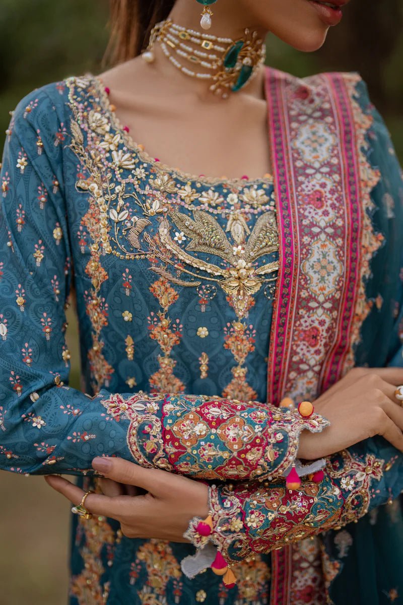 Model wearing UA - 09 TINA from Qalamkar's Luxe Silk '24, featuring a luxurious silk design. Pakistani clothes online in UK.