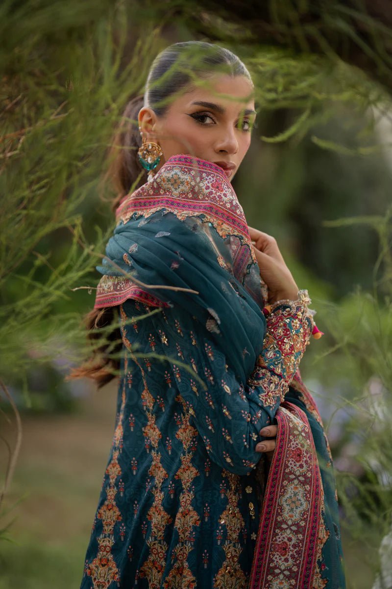 Model wearing UA - 09 TINA from Qalamkar's Luxe Silk '24, featuring a luxurious silk design. Pakistani clothes online in UK.