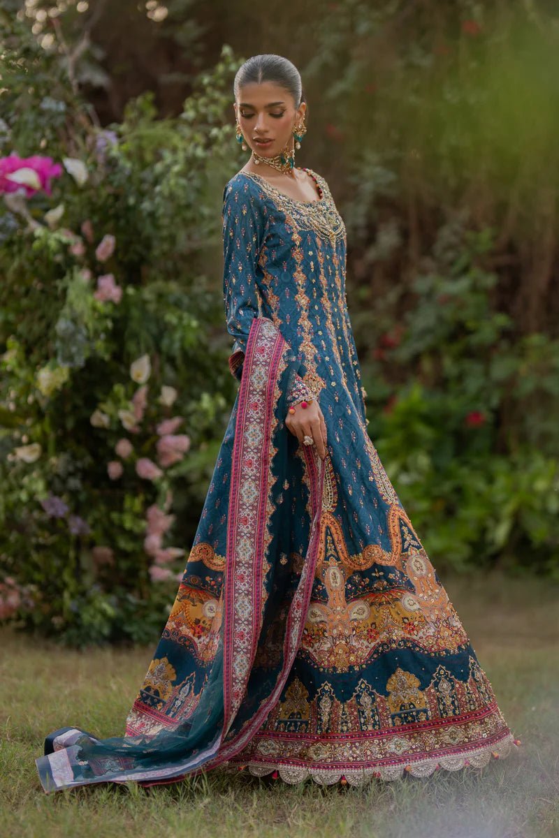 Model wearing UA - 09 TINA from Qalamkar's Luxe Silk '24, featuring a luxurious silk design. Pakistani clothes online in UK.