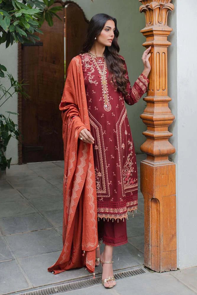 Model wearing Qalamkar Luxury Winter '23 SC-01 FREYA dress, embodying Pakistani clothes online in the UK.