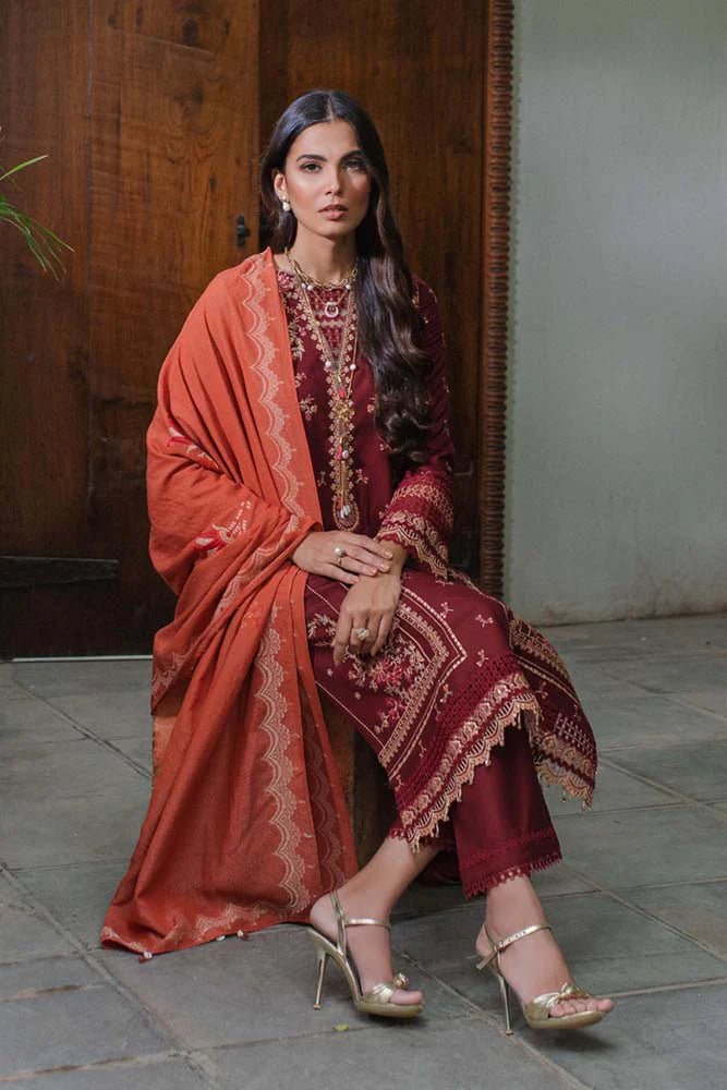 Model wearing Qalamkar Luxury Winter '23 SC - 01 FREYA dress, embodying Pakistani clothes online in the UK.