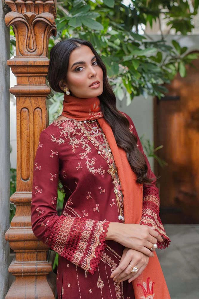 Model wearing Qalamkar Luxury Winter '23 SC - 01 FREYA dress, embodying Pakistani clothes online in the UK.