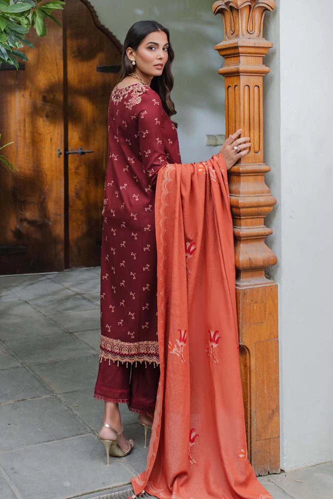 Model wearing Qalamkar Luxury Winter '23 SC - 01 FREYA dress, embodying Pakistani clothes online in the UK.