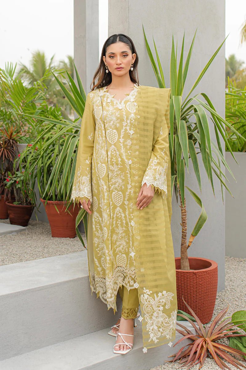 Model wearing Qalamkar Qline Lawn Collection '24 JK-02 MELIS dress, showcasing Pakistani clothes online in the UK.