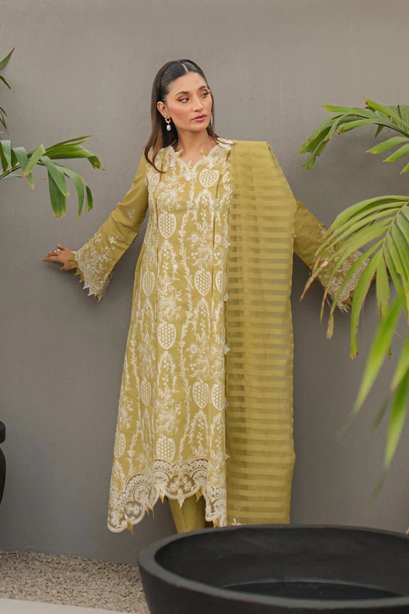 Model wearing Qalamkar Qline Lawn Collection '24 JK - 02 MELIS dress, showcasing Pakistani clothes online in the UK.