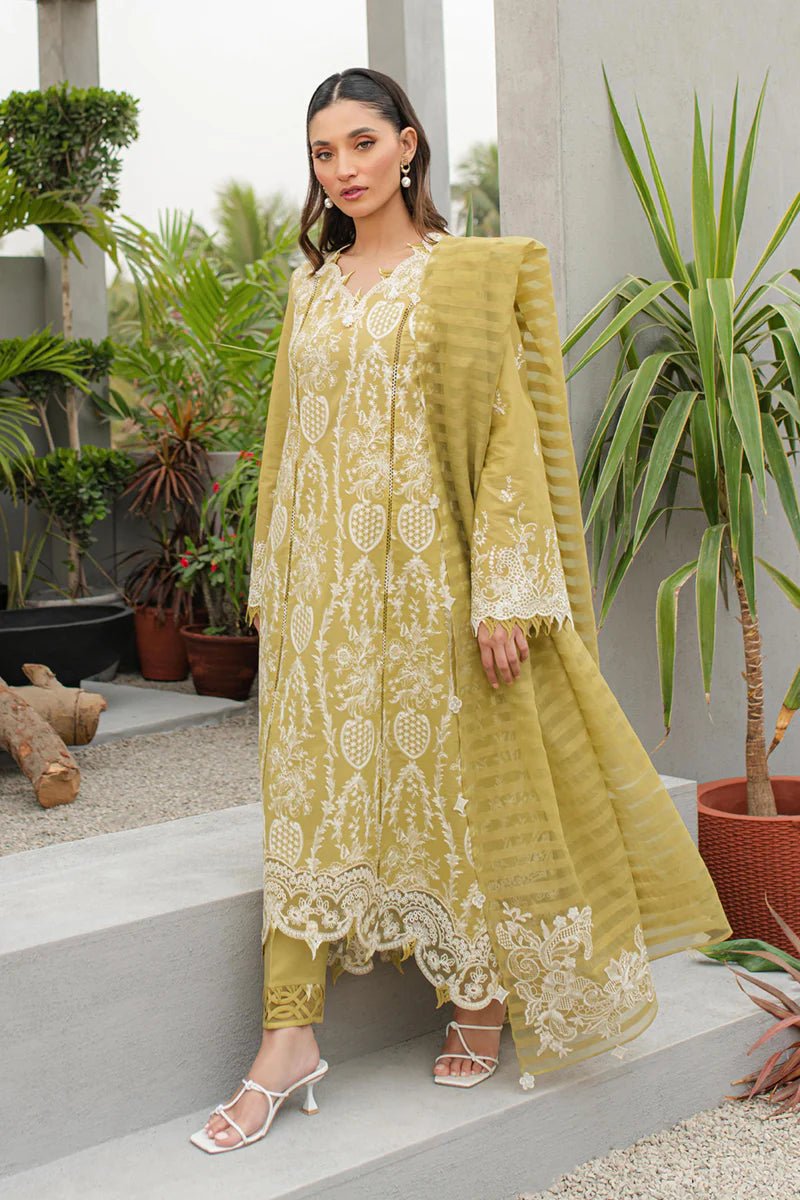 Model wearing Qalamkar Qline Lawn Collection '24 JK - 02 MELIS dress, showcasing Pakistani clothes online in the UK.