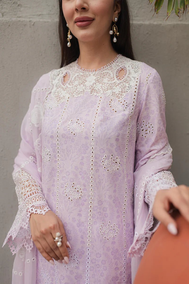 Model wearing Qalamkar Qline Lawn Collection '24 JK - 03 LYSA dress, epitomizing Pakistani clothes online in the UK.