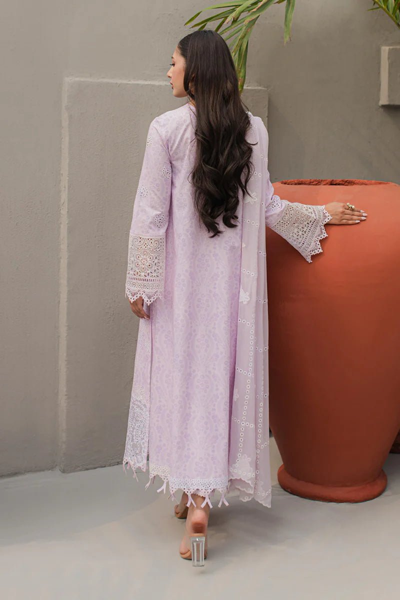 Model wearing Qalamkar Qline Lawn Collection '24 JK - 03 LYSA dress, epitomizing Pakistani clothes online in the UK.