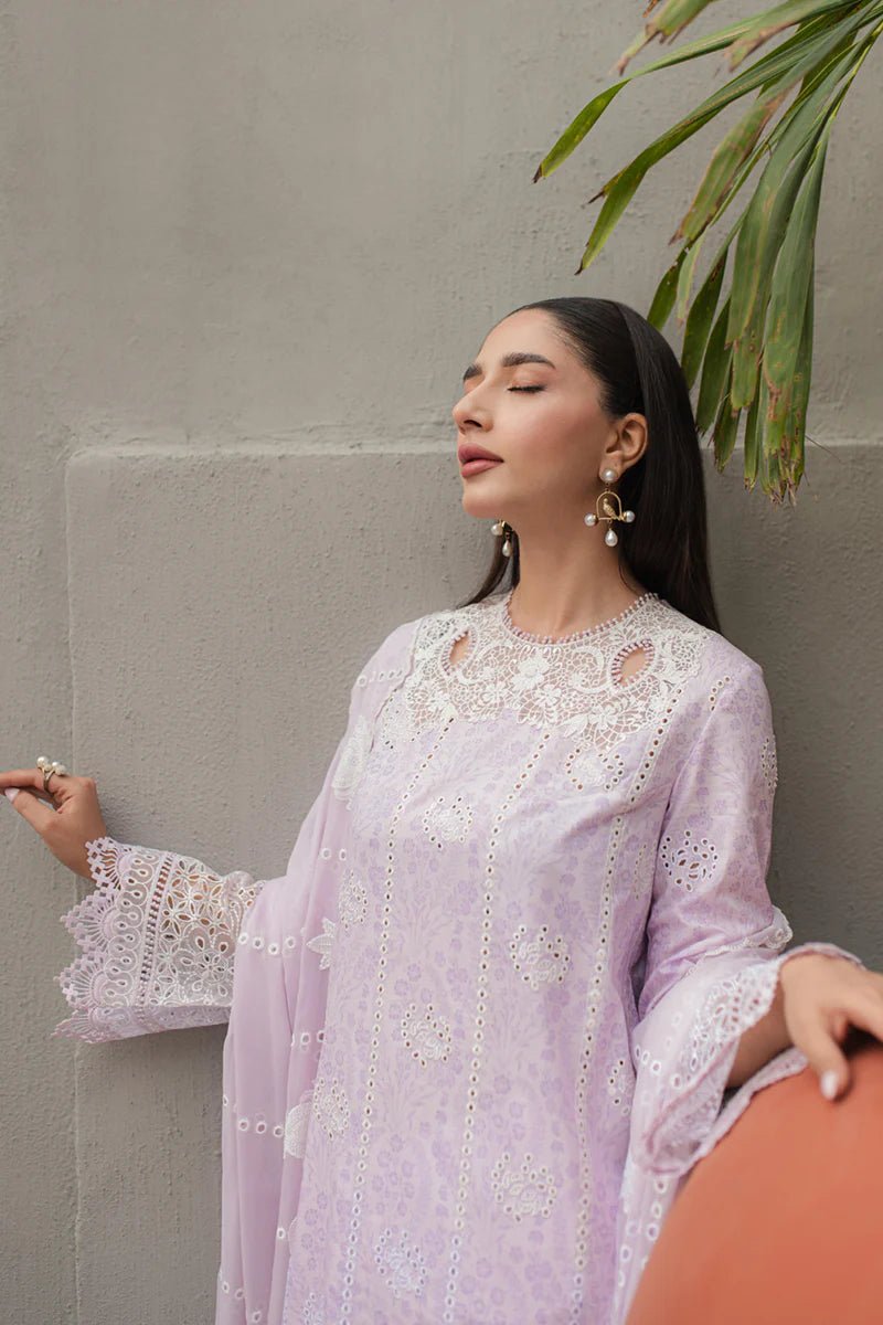 Model wearing Qalamkar Qline Lawn Collection '24 JK - 03 LYSA dress, epitomizing Pakistani clothes online in the UK.