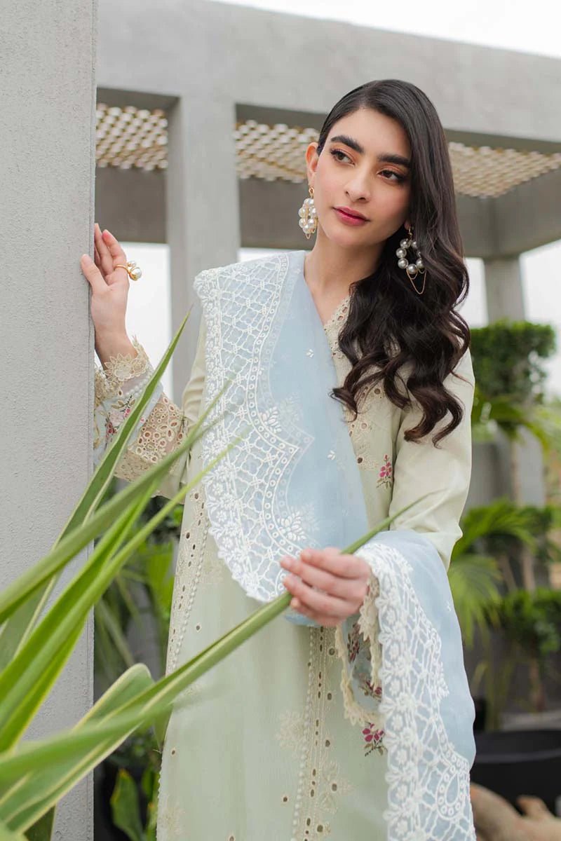 Model wearing Qalamkar Qline Lawn Collection '24 JK - 04 ASTER dress, perfect for Pakistani clothes online in the UK.