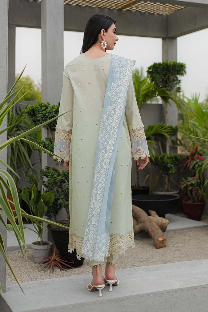 Model wearing Qalamkar Qline Lawn Collection '24 JK - 04 ASTER dress, perfect for Pakistani clothes online in the UK.