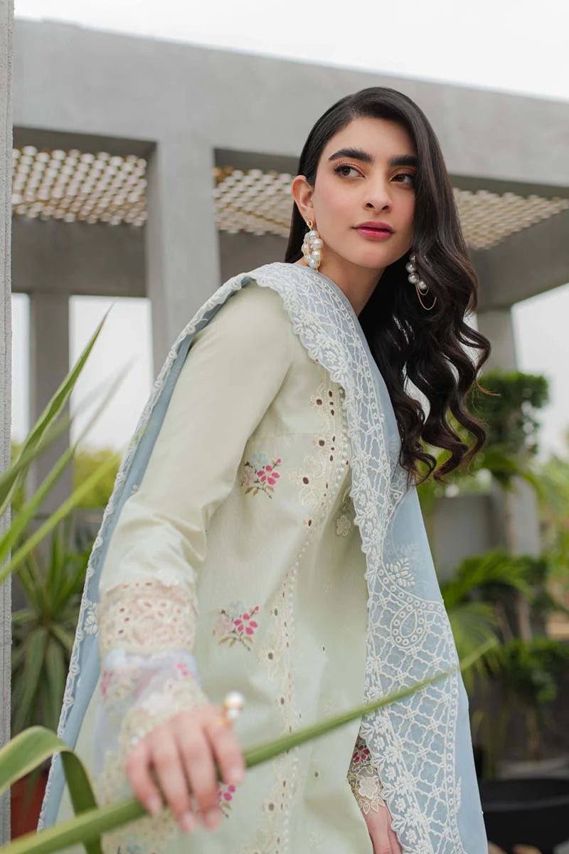 Model wearing Qalamkar Qline Lawn Collection '24 JK - 04 ASTER dress, perfect for Pakistani clothes online in the UK.