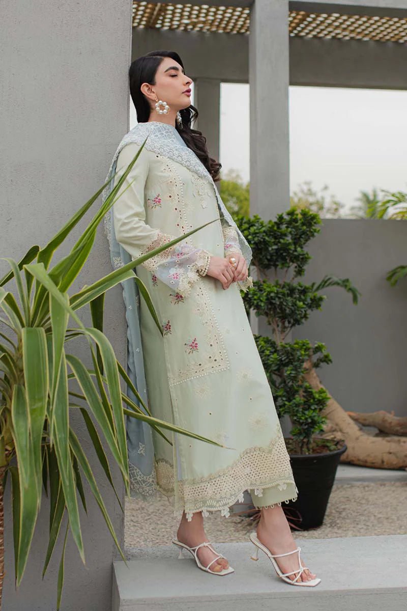 Model wearing Qalamkar Qline Lawn Collection '24 JK - 04 ASTER dress, perfect for Pakistani clothes online in the UK.