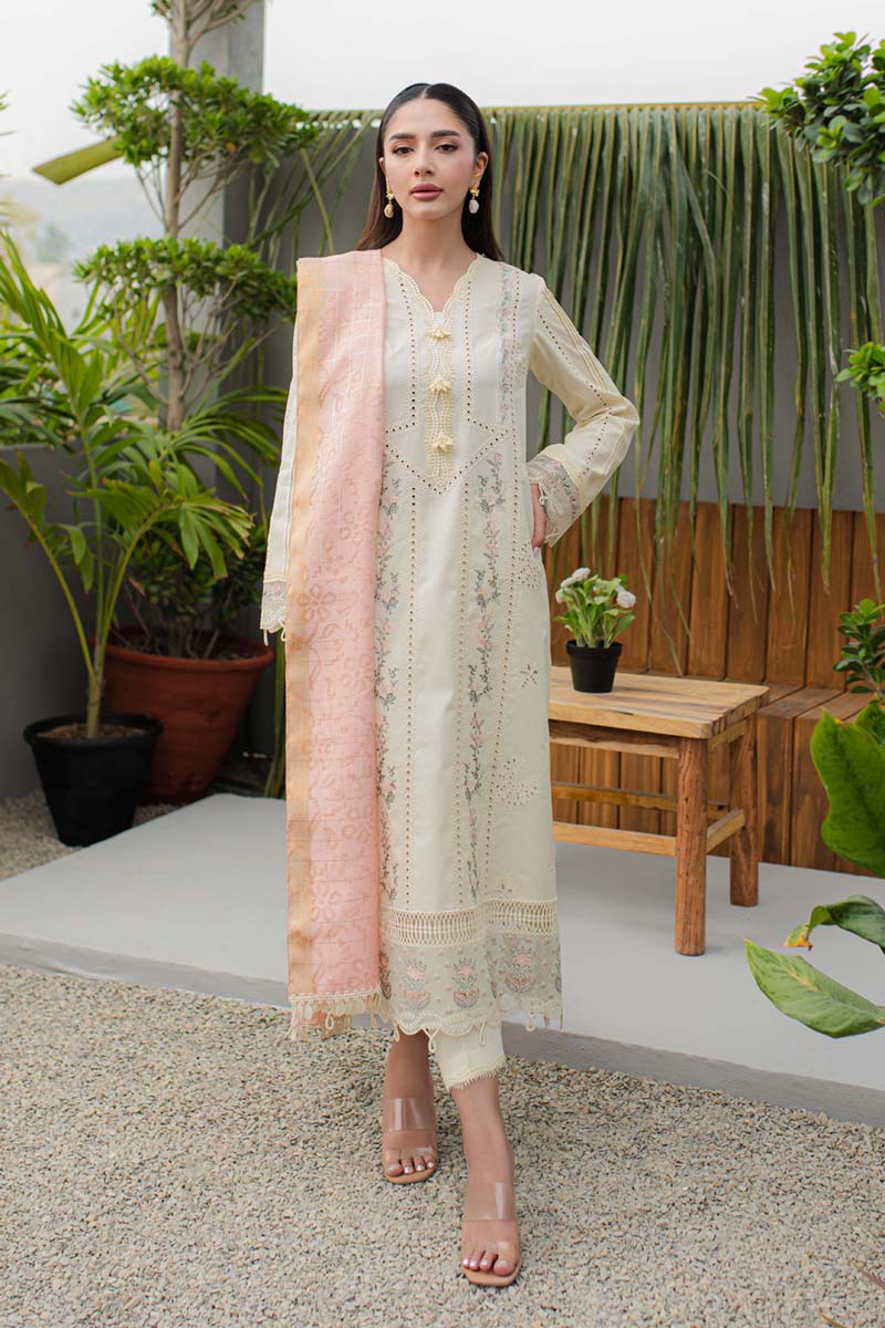 Qalamkar JK - 05 MELIORA dress showcased in UK, a chic choice for Pakistani clothing aficionados.