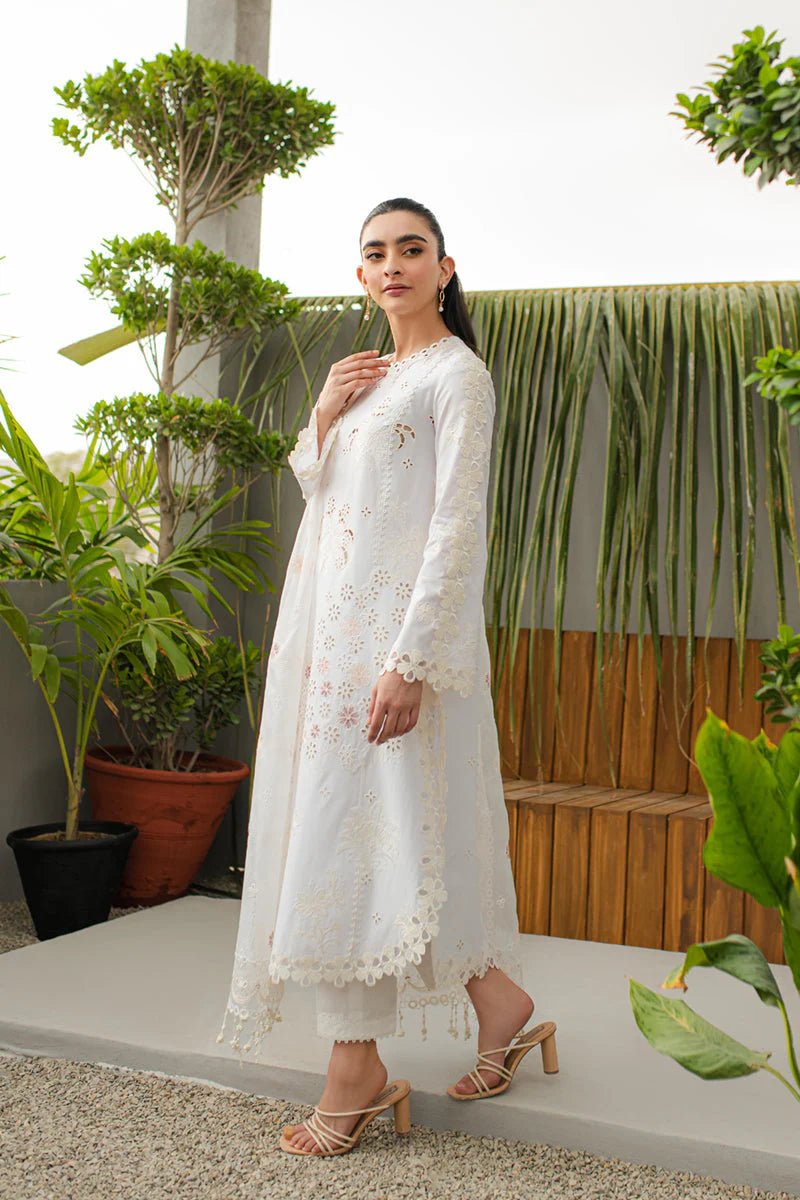 Model wearing Qalamkar Qline Lawn Collection '24 JK - 10 ORLA dress, showcasing Pakistani clothes online in the UK.