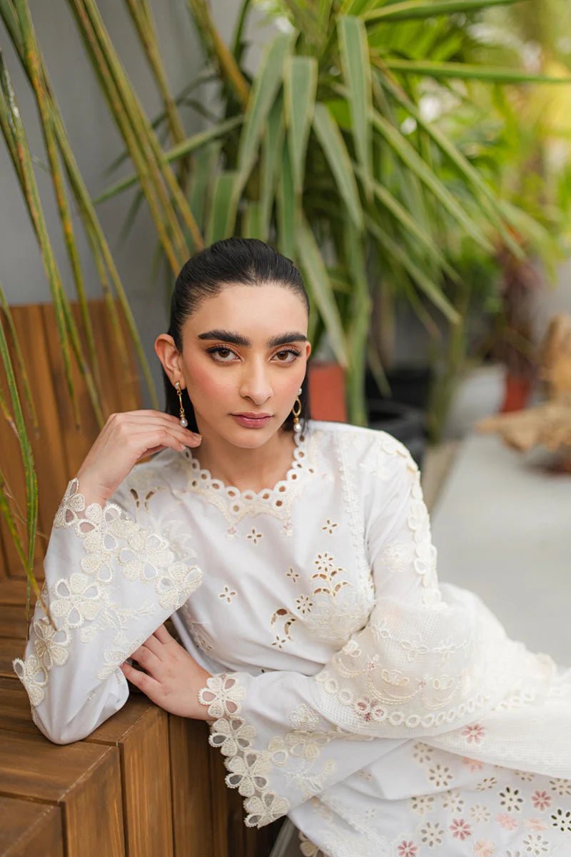 Model wearing Qalamkar Qline Lawn Collection '24 JK - 10 ORLA dress, showcasing Pakistani clothes online in the UK.